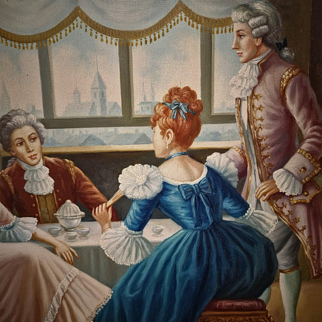 Large Vintage French Rococo Style Oil Painting, Signed Original Artwork, Parisian Genre Scene, Ornate Gilt Framed Mid-Century Wall Art