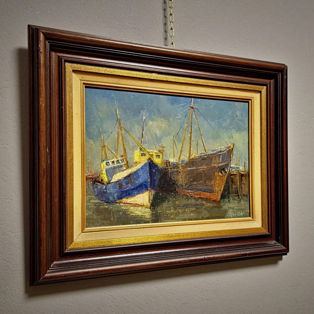 Vintage Maritime Oil Painting, Signed Seascape Artwork, Coastal Nautical Decor, Original Fishing Boats Scene, Collectible Framed Wall Art