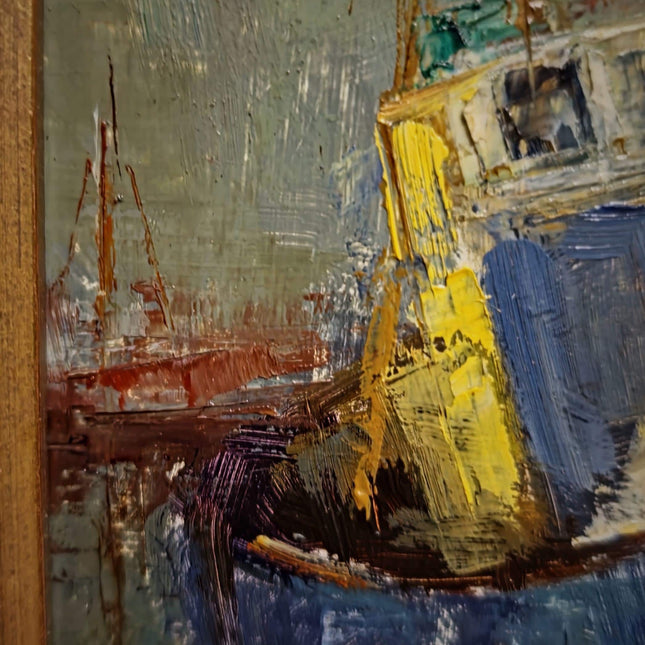 Vintage Maritime Oil Painting, Signed Seascape Artwork, Coastal Nautical Decor, Original Fishing Boats Scene, Collectible Framed Wall Art
