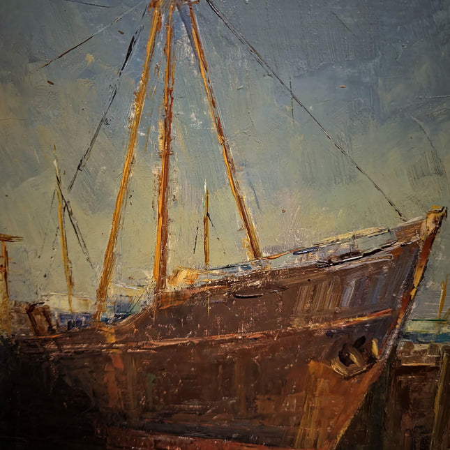 Vintage Maritime Oil Painting, Signed Seascape Artwork, Coastal Nautical Decor, Original Fishing Boats Scene, Collectible Framed Wall Art