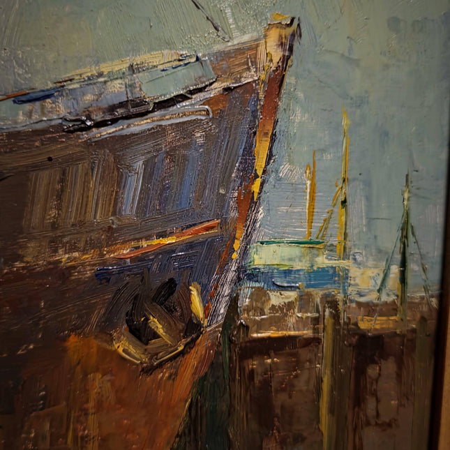 Vintage Maritime Oil Painting, Signed Seascape Artwork, Coastal Nautical Decor, Original Fishing Boats Scene, Collectible Framed Wall Art