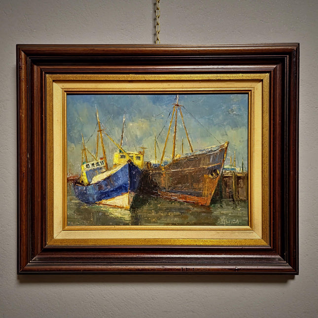 Vintage Maritime Oil Painting, Signed Seascape Artwork, Coastal Nautical Decor, Original Fishing Boats Scene, Collectible Framed Wall Art