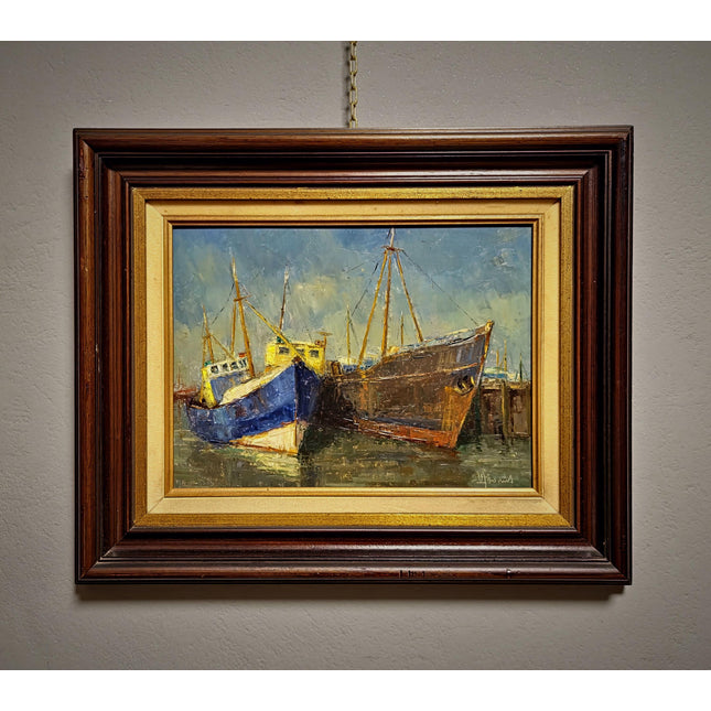 Vintage Maritime Oil Painting, Signed Seascape Artwork, Coastal Nautical Decor, Original Fishing Boats Scene, Collectible Framed Wall Art