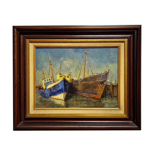 Vintage Maritime Oil Painting, Signed Seascape Artwork, Coastal Nautical Decor, Original Fishing Boats Scene, Collectible Framed Wall Art