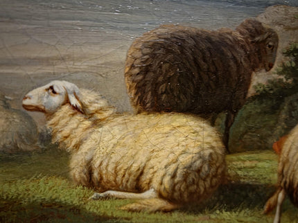 Antique Dutch Pastoral Landscape Oil Painting, 19th Century Signed Artwork, Original Sheep Scene, Rustic Wall Art Collectible European Decor