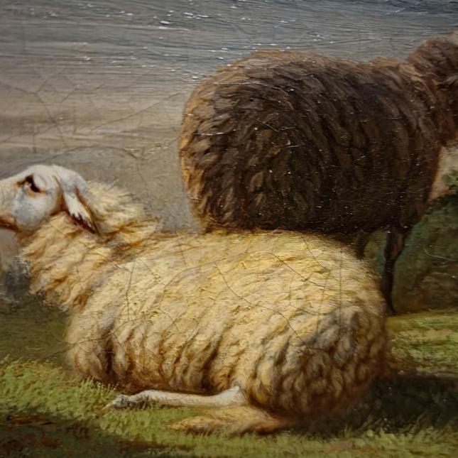 Antique Dutch Pastoral Landscape Oil Painting, 19th Century Signed Artwork, Original Sheep Scene, Rustic Wall Art Collectible European Decor