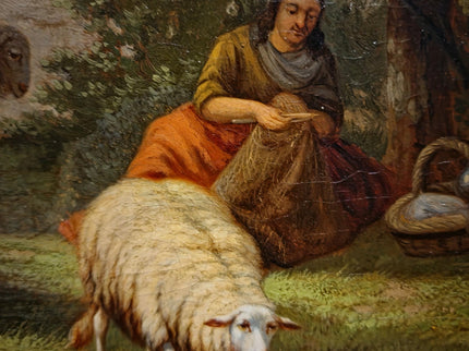 Antique Dutch Pastoral Landscape Oil Painting, 19th Century Signed Artwork, Original Sheep Scene, Rustic Wall Art Collectible European Decor