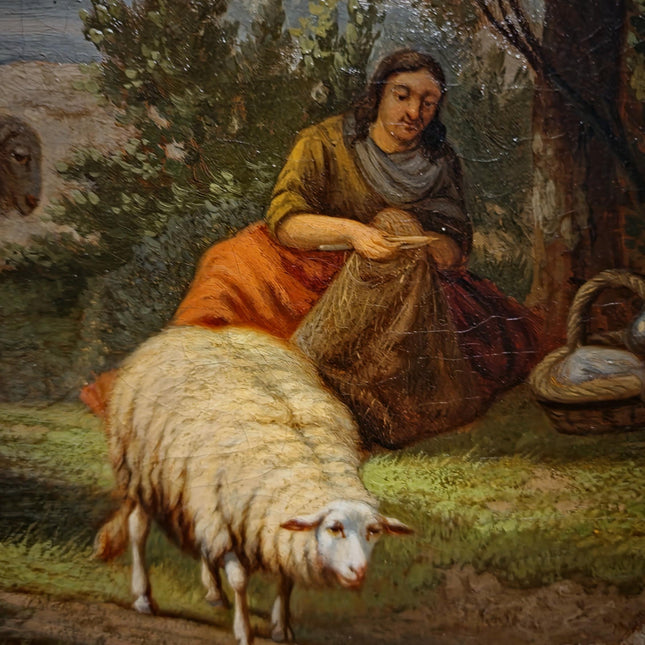 Antique Dutch Pastoral Landscape Oil Painting, 19th Century Signed Artwork, Original Sheep Scene, Rustic Wall Art Collectible European Decor