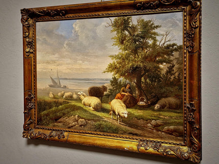 Antique Dutch Pastoral Landscape Oil Painting, 19th Century Signed Artwork, Original Sheep Scene, Rustic Wall Art Collectible European Decor