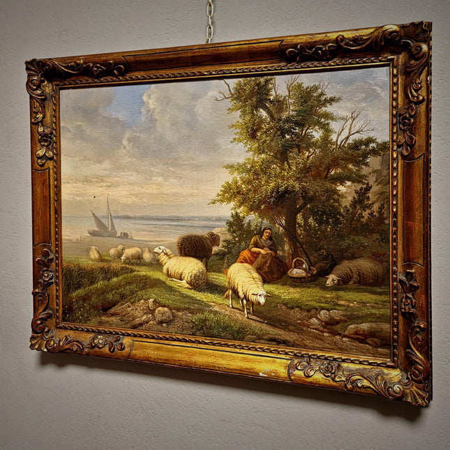 Antique Dutch Pastoral Landscape Oil Painting, 19th Century Signed Artwork, Original Sheep Scene, Rustic Wall Art Collectible European Decor
