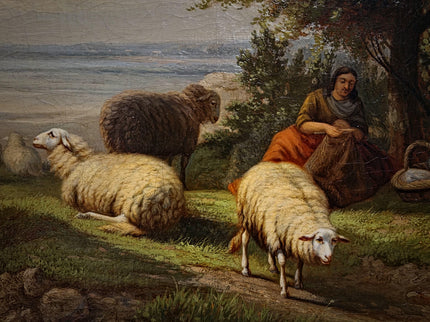 Antique Dutch Pastoral Landscape Oil Painting, 19th Century Signed Artwork, Original Sheep Scene, Rustic Wall Art Collectible European Decor