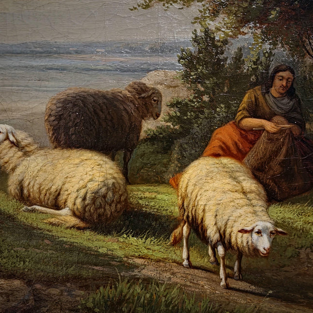 Antique Dutch Pastoral Landscape Oil Painting, 19th Century Signed Artwork, Original Sheep Scene, Rustic Wall Art Collectible European Decor