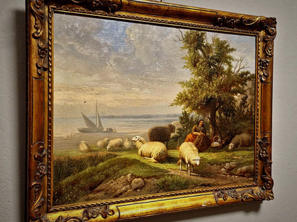Antique Dutch Pastoral Landscape Oil Painting, 19th Century Signed Artwork, Original Sheep Scene, Rustic Wall Art Collectible European Decor
