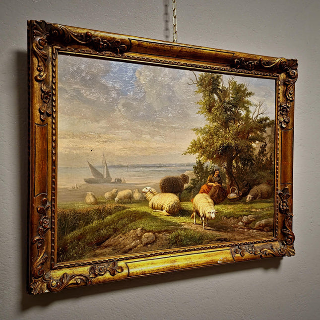 Antique Dutch Pastoral Landscape Oil Painting, 19th Century Signed Artwork, Original Sheep Scene, Rustic Wall Art Collectible European Decor