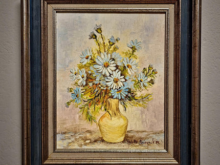 Vintage Floral Oil Painting, Signed Belgian Still Life, Framed Daisies Artwork