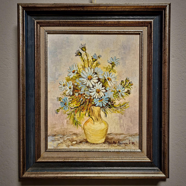Vintage Floral Oil Painting, Signed Belgian Still Life, Framed Daisies Artwork