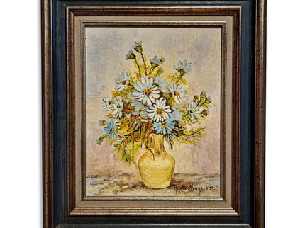 Vintage Floral Oil Painting, Signed Belgian Still Life, Framed Daisies Artwork