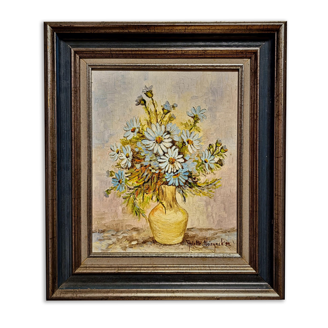Vintage Floral Oil Painting, Signed Belgian Still Life, Framed Daisies Artwork