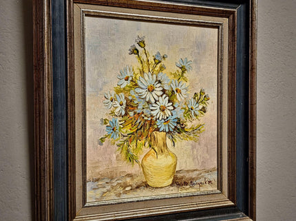 Vintage Floral Oil Painting, Signed Belgian Still Life, Framed Daisies Artwork