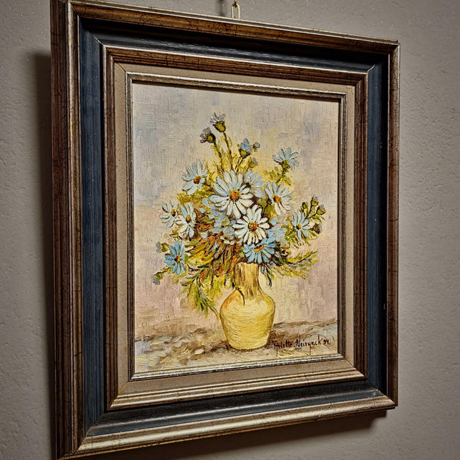 Vintage Floral Oil Painting, Signed Belgian Still Life, Framed Daisies Artwork