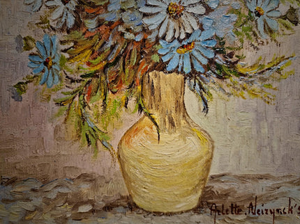 Vintage Floral Oil Painting, Signed Belgian Still Life, Framed Daisies Artwork