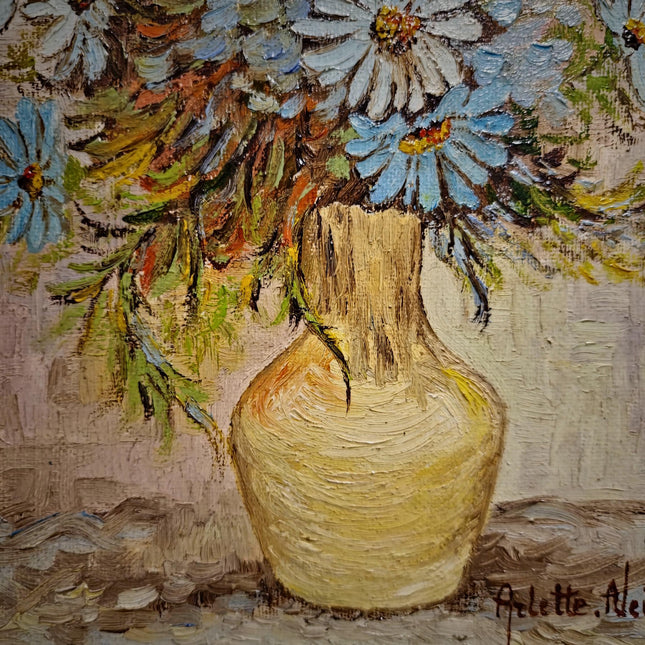 Vintage Floral Oil Painting, Signed Belgian Still Life, Framed Daisies Artwork