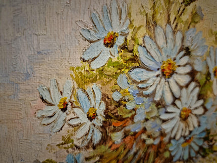 Vintage Floral Oil Painting, Signed Belgian Still Life, Framed Daisies Artwork