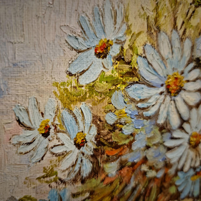 Vintage Floral Oil Painting, Signed Belgian Still Life, Framed Daisies Artwork