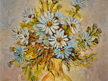 Vintage Floral Oil Painting, Signed Belgian Still Life, Framed Daisies Artwork