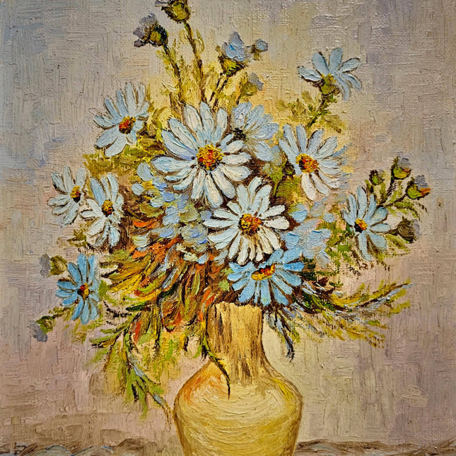 Vintage Floral Oil Painting, Signed Belgian Still Life, Framed Daisies Artwork