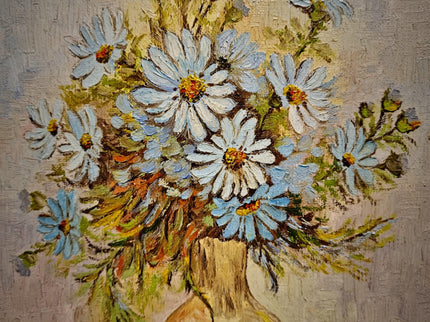 Vintage Floral Oil Painting, Signed Belgian Still Life, Framed Daisies Artwork