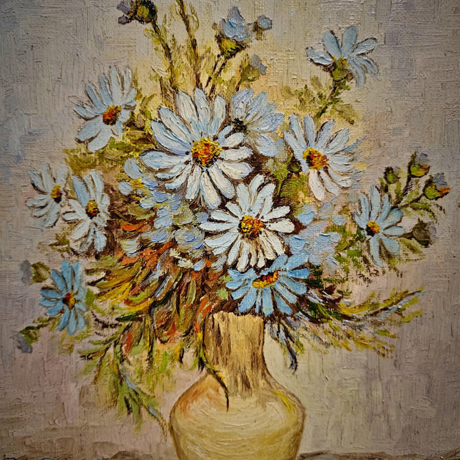Vintage Floral Oil Painting, Signed Belgian Still Life, Framed Daisies Artwork