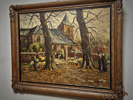 Large Antique Dutch Autumn Village Oil Painting, Rural Landscape Artwork, Signed Market Scene with Church, Original Framed European Wall Art
