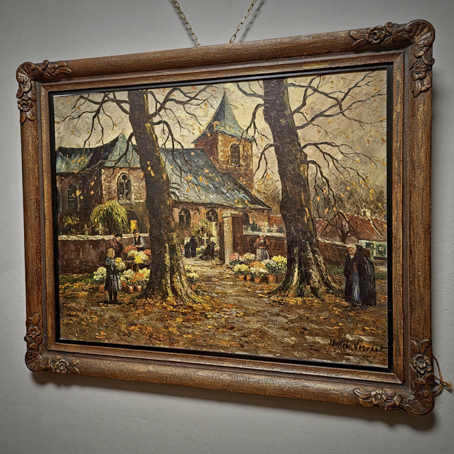 Large Antique Dutch Autumn Village Oil Painting, Rural Landscape Artwork, Signed Market Scene with Church, Original Framed European Wall Art