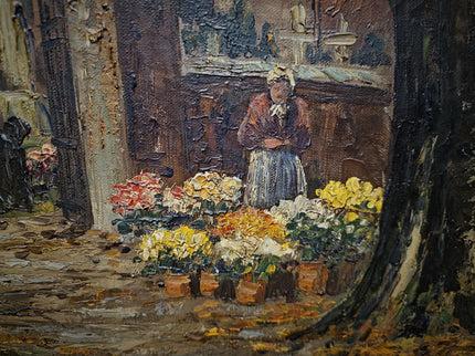 Large Antique Dutch Autumn Village Oil Painting, Rural Landscape Artwork, Signed Market Scene with Church, Original Framed European Wall Art