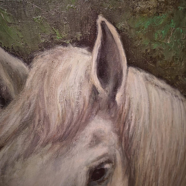 Large Vintage Animal Oil Painting of Horse Head, German Original Signed Equestrian Artwork, Framed Portrait Collectible Farmhouse Wall Decor