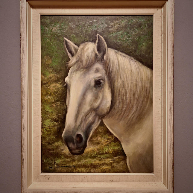 Large Vintage Animal Oil Painting of Horse Head, German Original Signed Equestrian Artwork, Framed Portrait Collectible Farmhouse Wall Decor