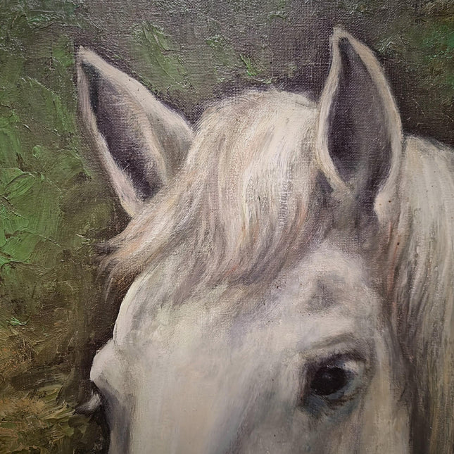 Large Vintage Animal Oil Painting of Horse Head, German Original Signed Equestrian Artwork, Framed Portrait Collectible Farmhouse Wall Decor