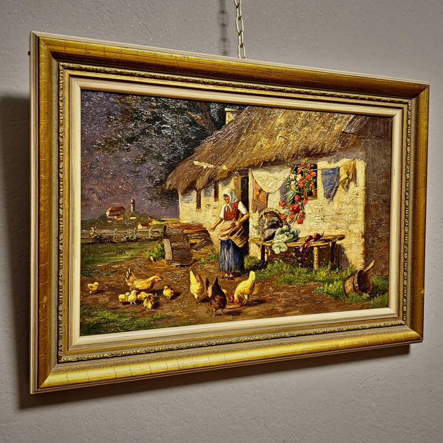 Antique Farmhouse Landscape Painting, Rustic Country Wall Art, Framed Vintage Cottage Decor, Original European Oil Artwork Moody Genre Scene