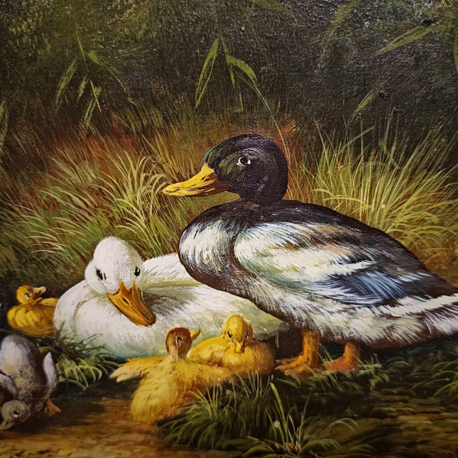Vintage Duck Family Oil Painting, Signed German Artwork, Gold Framed Animal Scene, Rustic Wildlife Decor, European Cottagecore Wall Art