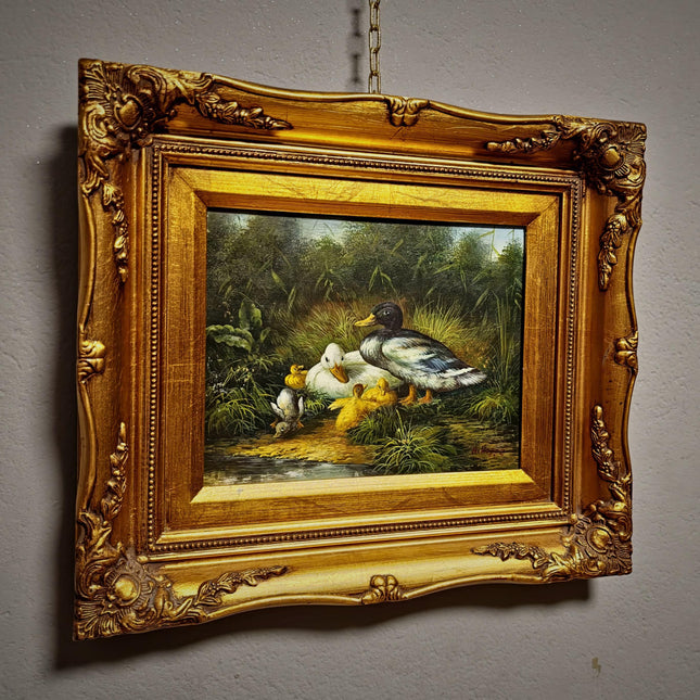 Vintage Duck Family Oil Painting, Signed German Artwork, Gold Framed Animal Scene, Rustic Wildlife Decor, European Cottagecore Wall Art