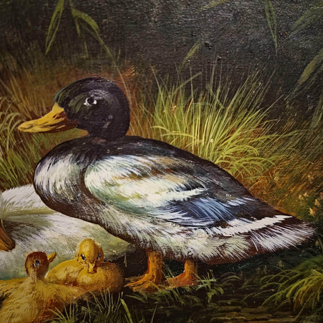 Vintage Duck Family Oil Painting, Signed German Artwork, Gold Framed Animal Scene, Rustic Wildlife Decor, European Cottagecore Wall Art