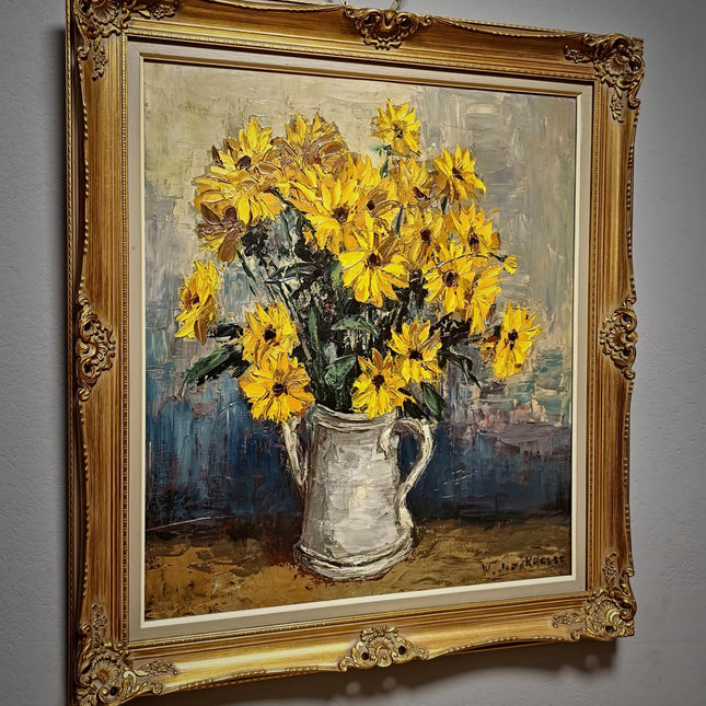 Large Vintage Belgian Floral Still Life Oil Painting, Signed Post Impressionist Flower Artwork, Gold Framed Original European Wall Art Decor