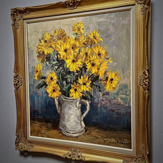 Large Vintage Belgian Floral Still Life Oil Painting, Signed Post Impressionist Flower Artwork, Gold Framed Original European Wall Art Decor