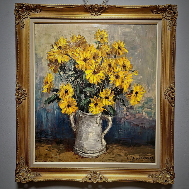 Large Vintage Belgian Floral Still Life Oil Painting, Signed Post Impressionist Flower Artwork, Gold Framed Original European Wall Art Decor