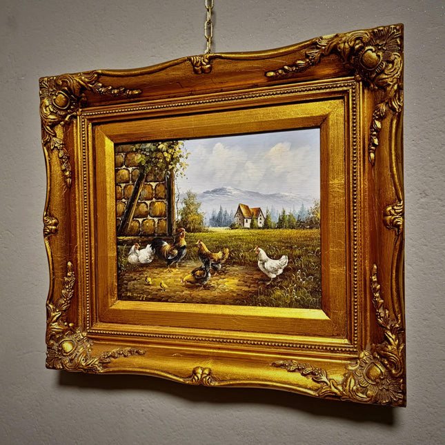 Vintage Chicken Farm Oil Painting, Signed German Artwork, Framed Rustic Animal Scene, Farmhouse Wall Decor, Cottagecore Country Style Art