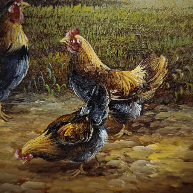 Vintage Chicken Farm Oil Painting, Signed German Artwork, Framed Rustic Animal Scene, Farmhouse Wall Decor, Cottagecore Country Style Art