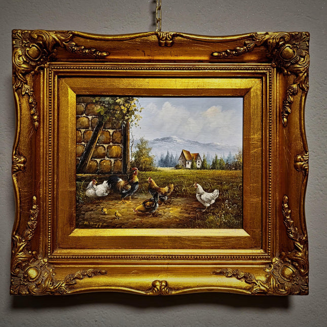 Vintage Chicken Farm Oil Painting, Signed German Artwork, Framed Rustic Animal Scene, Farmhouse Wall Decor, Cottagecore Country Style Art