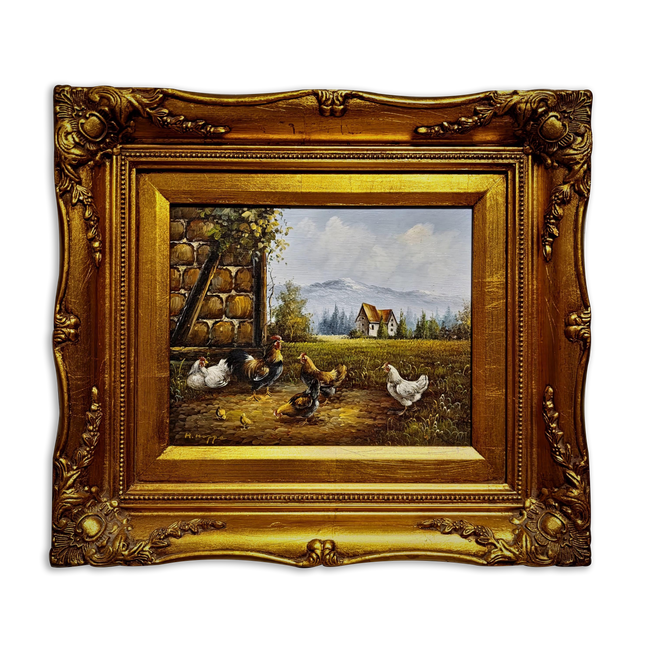 Vintage Chicken Farm Oil Painting, Signed German Artwork, Framed Rustic Animal Scene, Farmhouse Wall Decor, Cottagecore Country Style Art