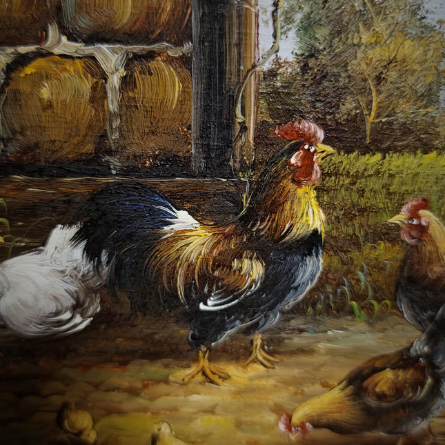 Vintage Chicken Farm Oil Painting, Signed German Artwork, Framed Rustic Animal Scene, Farmhouse Wall Decor, Cottagecore Country Style Art